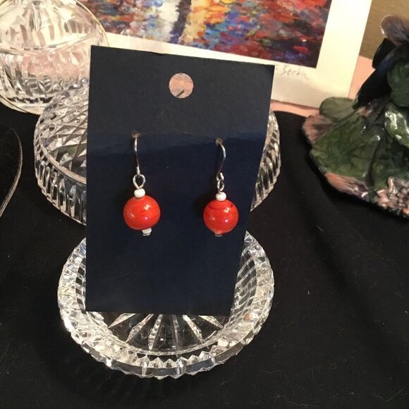Silvertone Fish Hook Red Ball Earrings - Picture 2 of 4